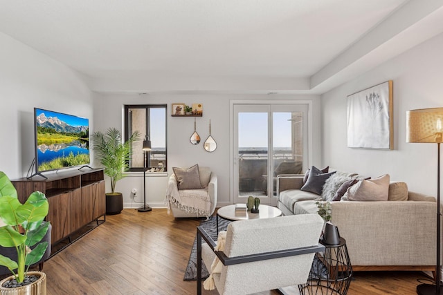 living room with baseboards and wood finished floors