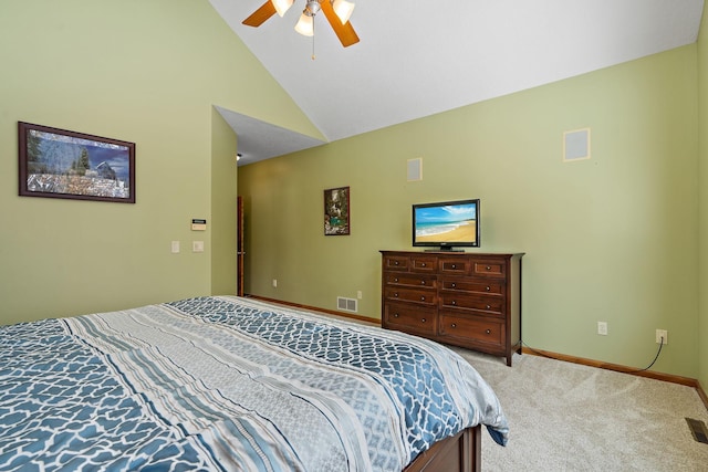 bedroom featuring light carpet, baseboards, visible vents, and a ceiling fan