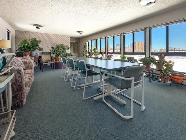 dining area featuring wooden walls, carpet flooring, and a textured ceiling