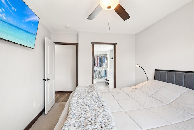 bedroom featuring a closet, a walk in closet, and a ceiling fan