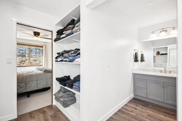 bathroom with ceiling fan, wood finished floors, vanity, baseboards, and a walk in closet