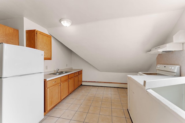 1498 Sherburne Ave, Saint Paul, MN 55104 - laundry room featuring baseboard heating, a sink, light tile patterned floors, and washer / clothes dryer