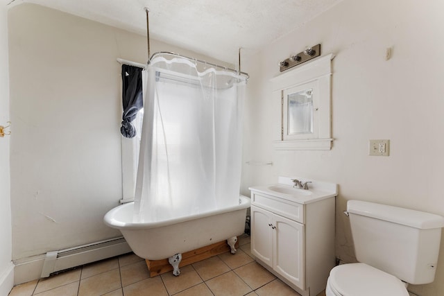 1498 Sherburne Ave, Saint Paul, MN 55104 - bathroom featuring a baseboard heating unit, vanity, toilet, tile patterned flooring, and shower / bath combo