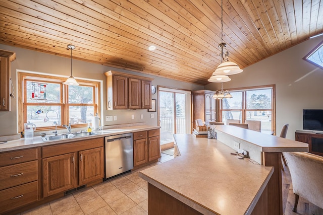 kitchen featuring a kitchen island, a sink, visible vents, brown cabinets, and dishwasher