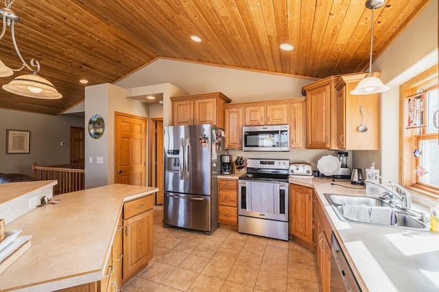 kitchen with stainless steel appliances, lofted ceiling, light countertops, wood ceiling, and a sink