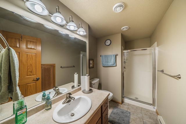 bathroom featuring visible vents, toilet, tile patterned flooring, vanity, and a shower stall