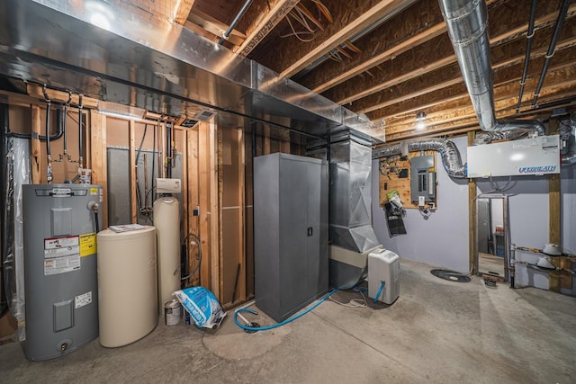 unfinished basement featuring electric water heater and electric panel