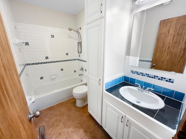 full bath with vanity, shower / bathtub combination, toilet, tile patterned floors, and visible vents