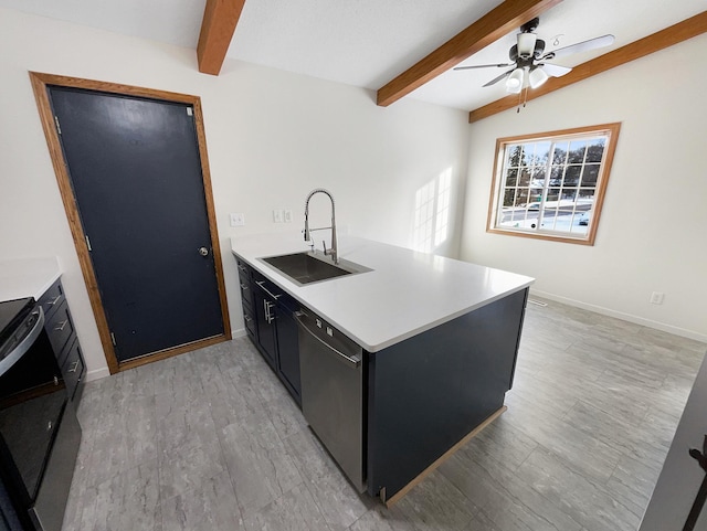 kitchen with dishwasher, a sink, beamed ceiling, a peninsula, and dark cabinetry