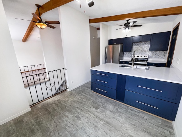 kitchen featuring ceiling fan, stainless steel appliances, blue cabinetry, and beam ceiling