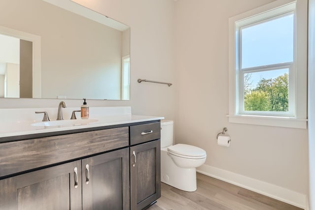 bathroom with hardwood / wood-style flooring, vanity, and toilet