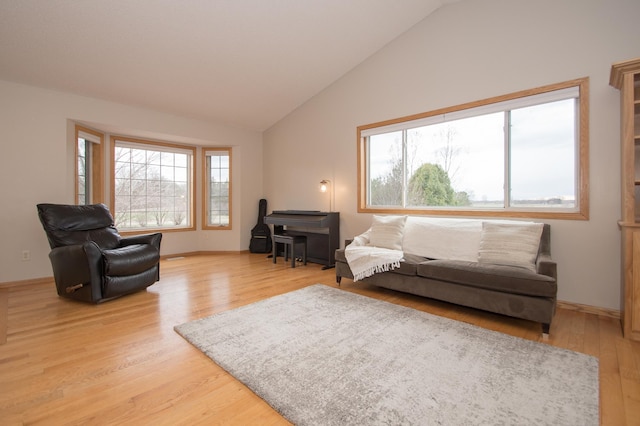 8075 211th Ave NW, Nowthen, MN 55330 - living area with lofted ceiling, light wood-style flooring, and baseboards