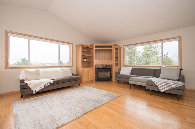 8075 211th Ave NW, Nowthen, MN 55330 - living room featuring lofted ceiling, light wood-style floors, and a fireplace