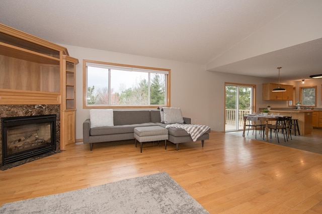 8075 211th Ave NW, Nowthen, MN 55330 - living area with light wood-style flooring, a premium fireplace, and lofted ceiling