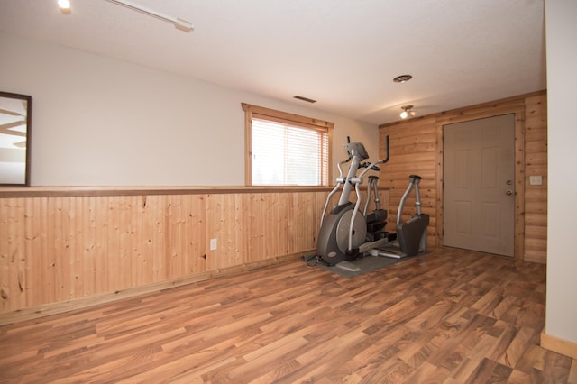 8075 211th Ave NW, Nowthen, MN 55330 - workout room with rustic walls, wood finished floors, and wainscoting