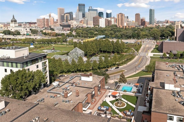 drone / aerial view with a city view