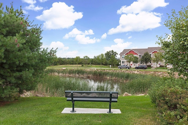 view of home's community featuring a water view and a lawn