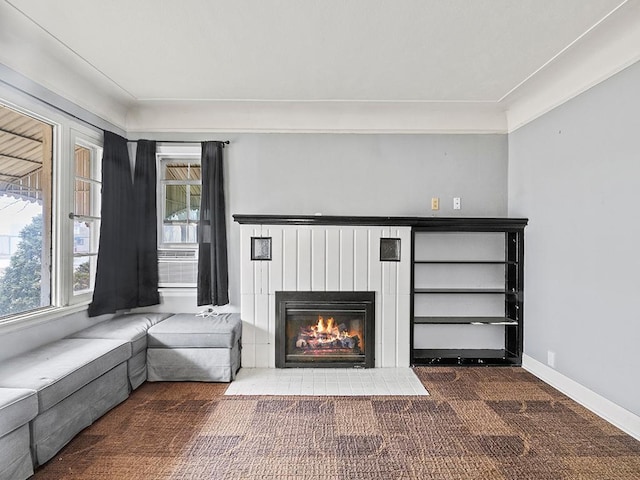 230 Mcleod Ave W, Winsted, MN 55395 - unfurnished living room with plenty of natural light, a fireplace with flush hearth, carpet, and cooling unit