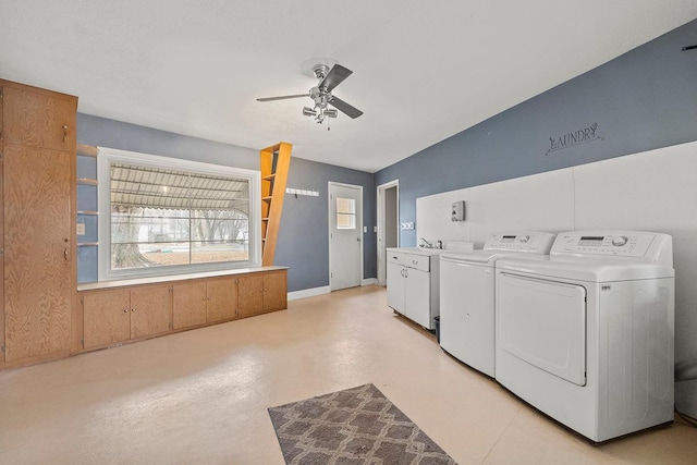 230 Mcleod Ave W, Winsted, MN 55395 - laundry area featuring separate washer and dryer, a ceiling fan, baseboards, and cabinet space