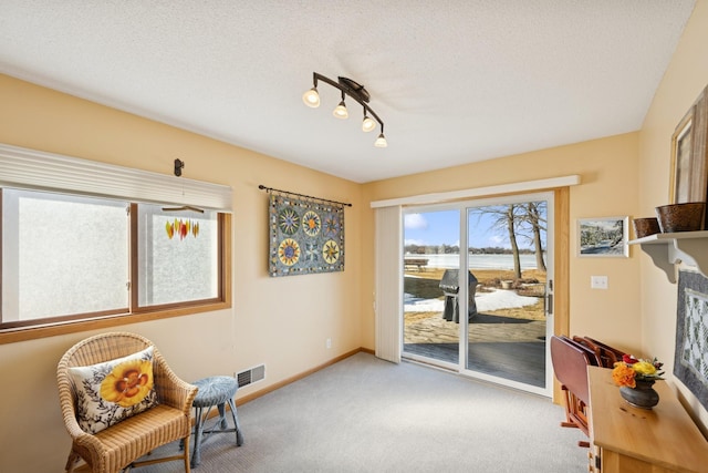 sitting room featuring baseboards, visible vents, a glass covered fireplace, a textured ceiling, and carpet floors