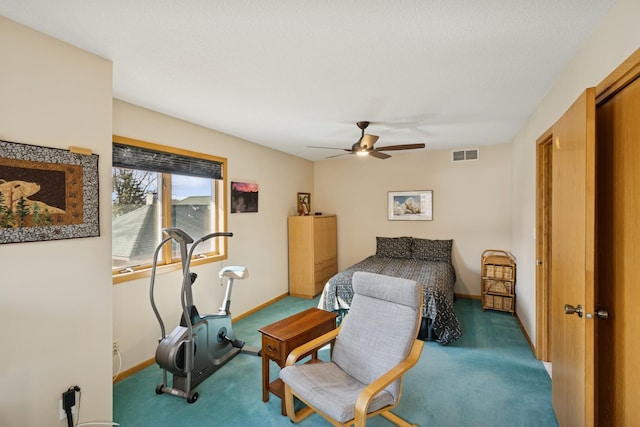 bedroom with baseboards, visible vents, ceiling fan, and carpet flooring