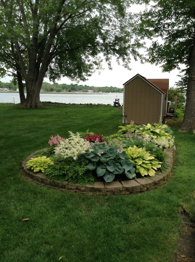 view of yard with a water view, a storage shed, and an outbuilding