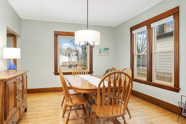 dining room with light wood finished floors and baseboards