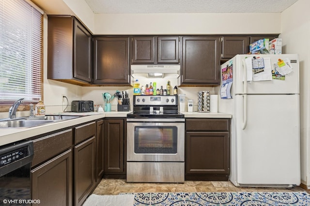 2528 Birchview Ln, Minnetonka, MN 55305 - kitchen featuring freestanding refrigerator, stainless steel range with electric stovetop, under cabinet range hood, black dishwasher, and a sink
