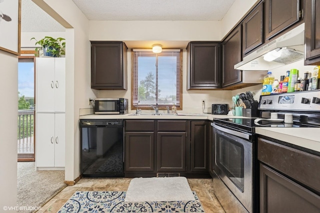 2528 Birchview Ln, Minnetonka, MN 55305 - kitchen with stainless steel appliances, under cabinet range hood, a sink, dark brown cabinetry, and a textured ceiling