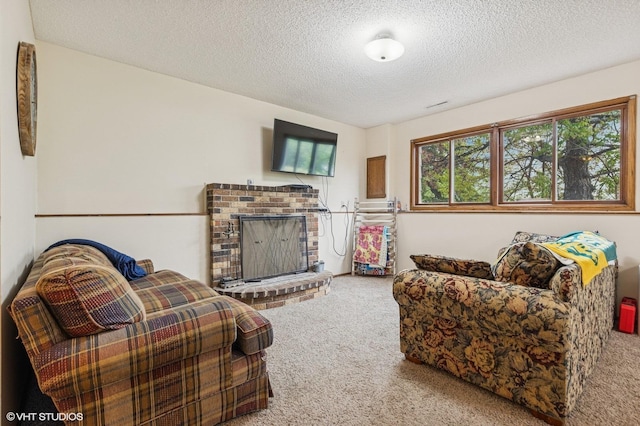 2528 Birchview Ln, Minnetonka, MN 55305 - carpeted living area featuring a textured ceiling and a fireplace