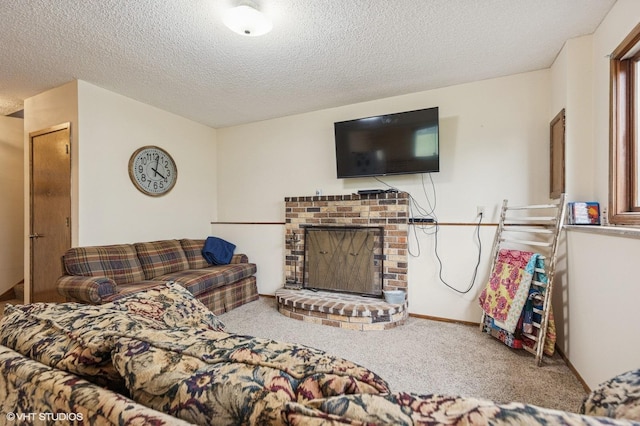 2528 Birchview Ln, Minnetonka, MN 55305 - living room featuring carpet flooring, a textured ceiling, and a fireplace