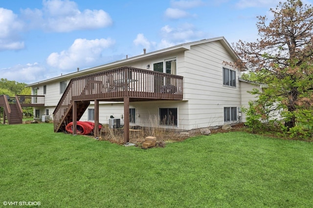 2528 Birchview Ln, Minnetonka, MN 55305 - rear view of house with stairs, a deck, a yard, and central AC unit