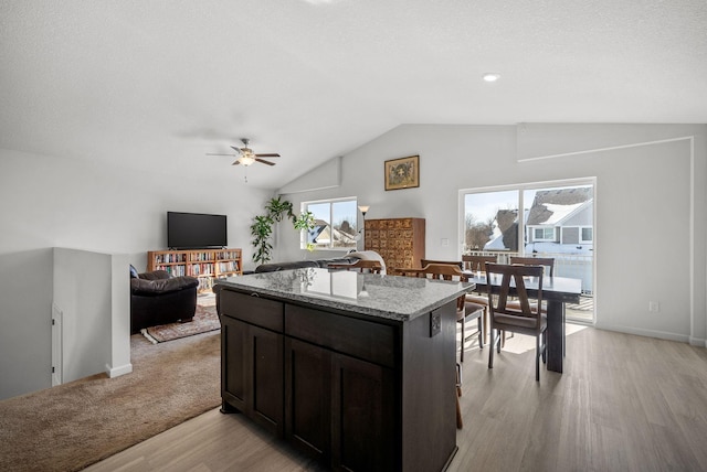 kitchen featuring light stone counters, plenty of natural light, open floor plan, and dark brown cabinetry