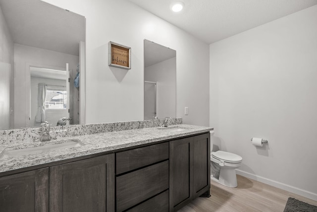 bathroom featuring baseboards, a sink, toilet, and wood finished floors