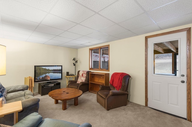 living area with a paneled ceiling and carpet