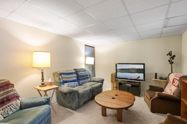 carpeted living area featuring a drop ceiling