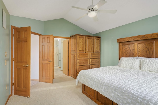 bedroom with lofted ceiling, light carpet, baseboards, and a ceiling fan