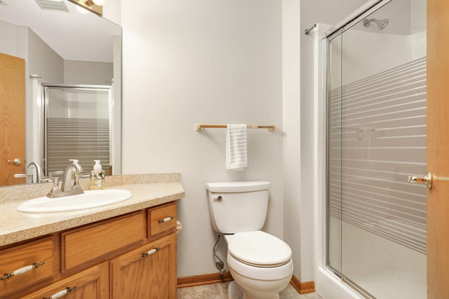 full bathroom with toilet, visible vents, a shower stall, and vanity