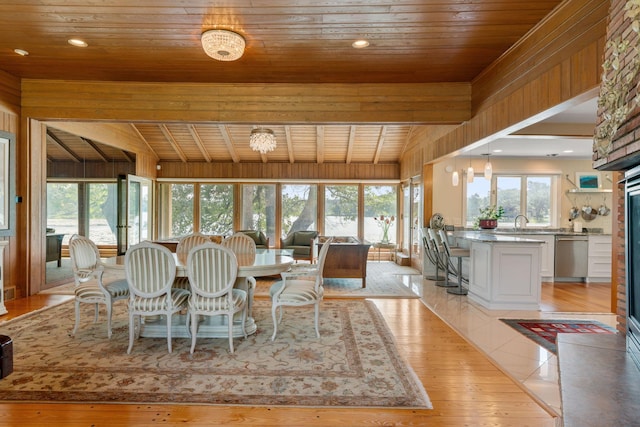 dining area with wooden ceiling, light tile patterned floors, and recessed lighting