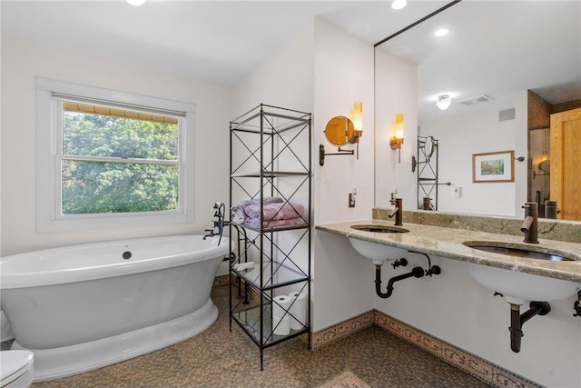 bathroom with visible vents, a sink, and a freestanding bath