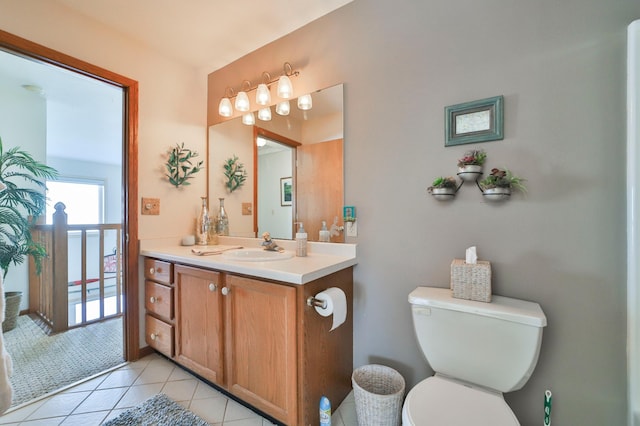 bathroom with toilet, tile patterned floors, and vanity