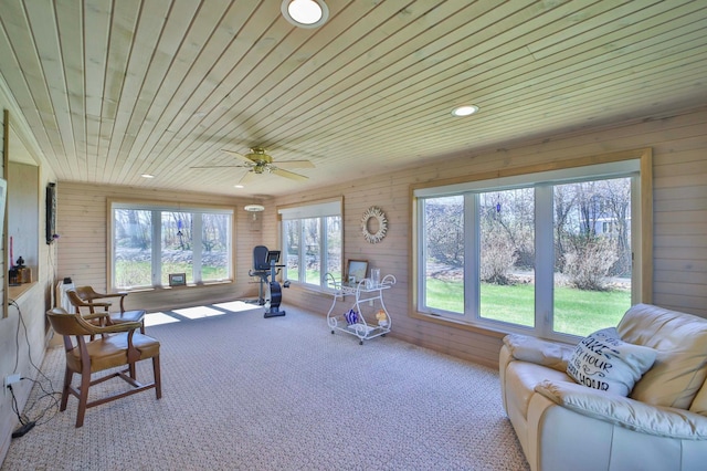 7968 Tournament Trl, Onamia, MN 56359 - sunroom with recessed lighting, carpet, wooden walls, and wooden ceiling