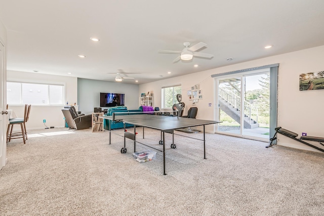 game room with carpet floors, a wealth of natural light, and recessed lighting