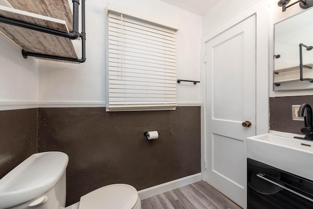 bathroom featuring vanity, wood-type flooring, and toilet