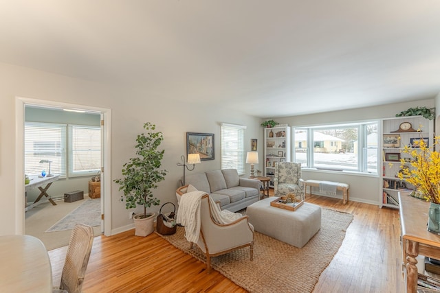 living room with light hardwood / wood-style flooring and a wealth of natural light