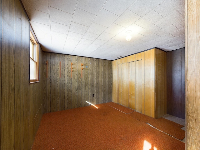 interior space with carpet flooring and wooden walls