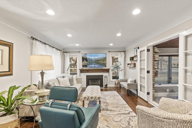 living room with a textured ceiling, ornamental molding, and dark hardwood / wood-style floors