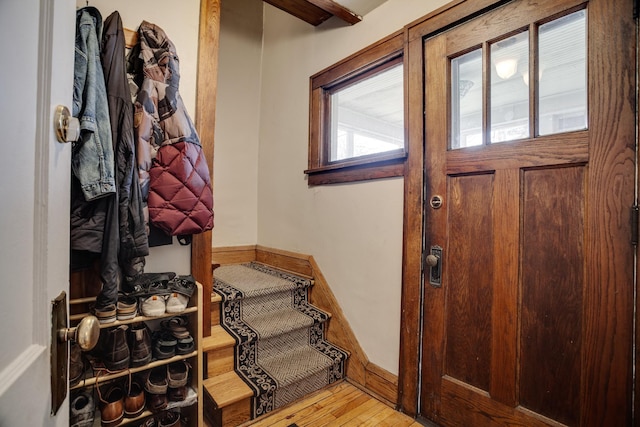 foyer entrance featuring baseboards and wood finished floors