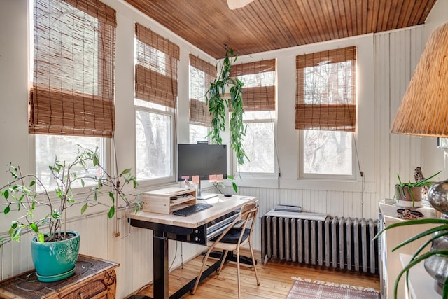 office space featuring wood finished floors, radiator, and wooden ceiling