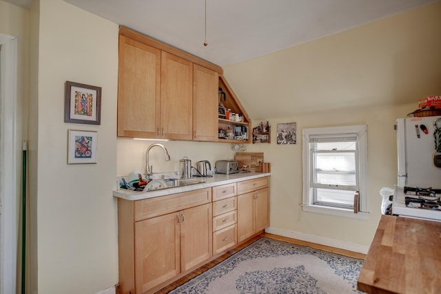 kitchen with light countertops, light brown cabinets, freestanding refrigerator, and a sink